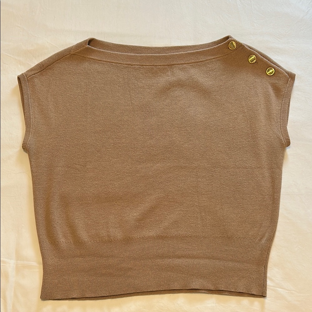 Tan Ann Taylor boatneck sweater with Gold Buttons